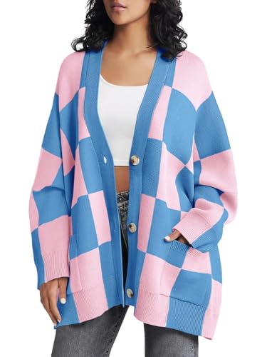 Saodimallsu Womens Checkered Sweater Color Block Plaid Oversized Cardigan Long Sleeve V Neck Button Down Knit Coats