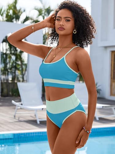 Image of ANRABESS Women's High Waisted Bikini Sets,Color Block 2 Piece Swimsuits,Tummy Control Bathing Suits,Thick Ribbed Beach Wear