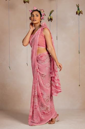 Image of MIRCHI FASHION Saree for Woman Georgette Floral and Leaf Printed | Elegant Farewell and Ceremonial Women's Sari with Blouse Piece