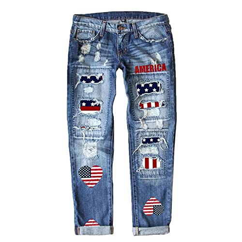 Womens Boyfriend Jeans Stretchy Ripped Distressed Heart American Flag Denim Pants