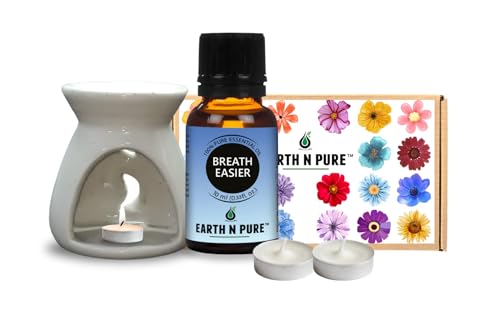 Image of Earth N Pure Ceramic Aroma White Diffuser Burner with 10Ml Breath Easy Essential Oil Blend & 2 Pcs Candles Strong & Long-Lasting Fragrance | Perfect for Gift Set