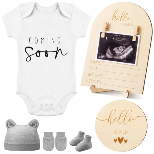 Image of 6 Pcs Pregnancy Announcement Set Baby Coming Soon Announcement Baby Announcement Reveal Ideas for Grandparents Gift Include Pregnancy Announcement Board Baby Bodysuit Baby Booties Sock Hat Photo Frame
