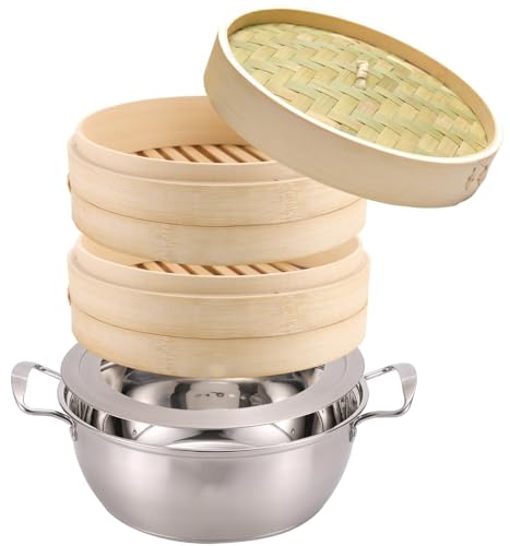 Toziariuon 21cm 竹せいろ 2段 IH対応鍋付き セット 蒸し器 中華 せいろ セイロ専用シート20枚付 (21cm鍋付き)