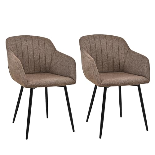 Goeurvant   Juego de 2 sillas de comedor con reposabrazos, sillas de sillón acolchadas de lino con patas de metal para cocina, salón y oficina, color marrón