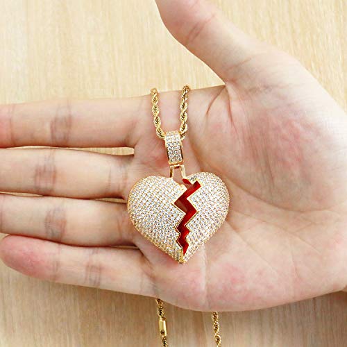 Broken Heart Pendant Necklace Hip Hop CZ Fully Iced Out Bling CZ Diamond 24K White Gold Plated with 24" Stainless Rope Chain4