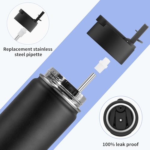 Image of koodee 22 oz Water Bottle with Straw Lid Stainless Steel Vacuum Insulated Sports Water Bottle for School, Reusable Metal Water Bottle Flask for Boy (Black)