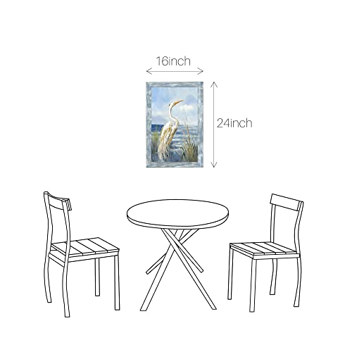 Framed Sea Bird Wall Art: Wooden Blue Coastal Ocean Scene Picture Heron On Beach Painting Artwork Modern Bedroom Bathroom Living Room Wall Decoration Home Office Decor 24”X16” #TOP5