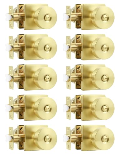 Tinewa 10 Pack Gold Interior Privacy Door Knob with Lock, Brushed Brass Bedroom Door Locks, Keyless Privacy Door Handle Locks, Zinc Alloy Heavy Duty Door Knobs on Square Rose