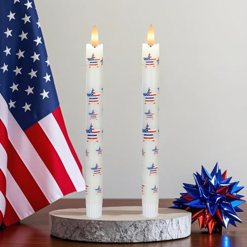 Image of JOIONE Patriotic Flameless Taper Candles with Remote, 3 Pack Star Sticker | Battery Operated, Star Stickers, Real Wax, Remote Control, Warm Flickering Glow, 4th of July Independence Day Party Decor