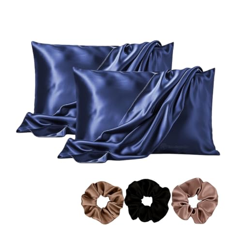 Image of Satin Pillow Covers Set of 2 - Soft & Smooth Pillowcases for Hair & Skin Care | Envelope Closure | Includes 3 Free Random Color Scrunchies | Frizz-Free Sleep Essentials (Navy Blue)