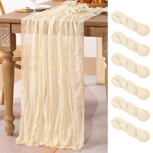 Image of MLMC 6 Pack Beige Cheesecloth Table Runner 10ft Rustic Boho Gauze Cream Table Runner Bulk Decor 65x120 Inches for Wedding Bridal Baby Shower Party Decor