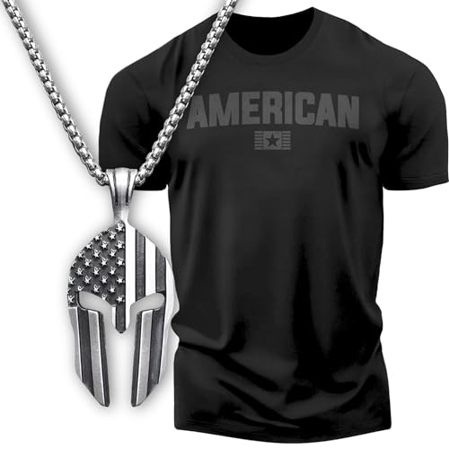 American Patriotic Shirts for Men, Warrior Pendant & Military Style T-Shirt Set