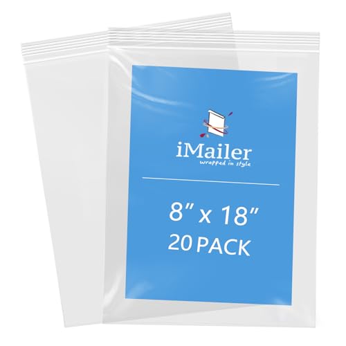 iMailer - 8" x 18" 20 Pack - 2 Mil Resealable Zip Bags - Clear Plastic Bags with Zip Top Lock for Storage, Organizing, Crafts, Travel