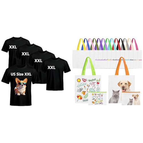 Joyclub Bundle of 5 PCS Black Blank t Shirts and 30 Pack Sublimation Tote Bags