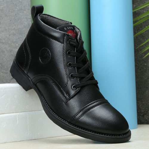 Image of FIELD CARE Men Walker Casual Comfort Uniform Dress School Army Style Fashion Boots Mid-Top Lace-Up Synthetic Leather Formal Shoes