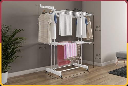 Image of Amiraj Premium Stainless Steel Clothes Drying Stand | 2 Tier 2 Pole Foldable Laundry Rack with Wheels & Sock Holder | Heavy Duty Indoor & Outdoor Cloth Dryer for Balcony, Terrace & Home - White