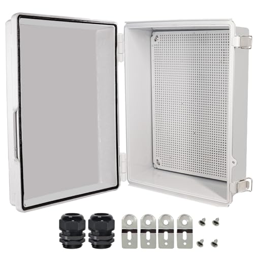Zulkit Junction Box,IP67 Waterproof Electrical Box Hinged Cover Stainless Steel Buckle Plastic Enclosure for Project w Mounting Plate Wall Bracket and 2 Cable Gland Grey 15"x11"x5.1"/380x280x130mm