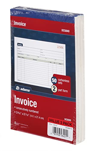 adams invoice book 3 pack 2 part carbonless invoices horizontal sales slip 5-916 x 8-716 inches 50 sets per book dc5840-3