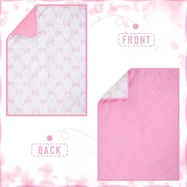 5 Pcs Pink Bow Theme Crib Bedding Set Include Bow Knot Print Crib Sheets Bed Skirt Comforter Pad Cover Wall Stickers for Girls Princess Nursery Room Decoration