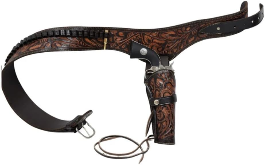38/357 Caliber Western Leather Gun Holster & Belt - Cowboy Style Single Drop Rig Standard Barrel - Authentic Handmade Hand Tooled