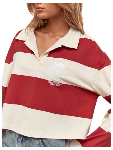 SweatyRocks Women's Striped Crop Tops Pullover Long Sleeve Polo Shirt Cotton Cropped Sweatshirt3