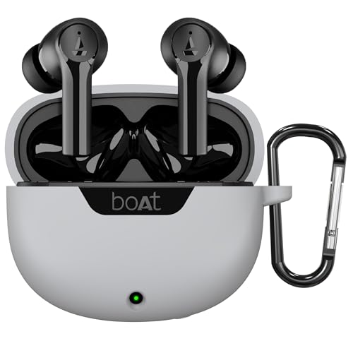 Image of Sounce Earphone Case Cover for Boat Airdopes 300 Premium TWS Soft Silicone Skin Case Cover Shock Absorbing Protective Case with Keychain [Front LED Visible] - Grey