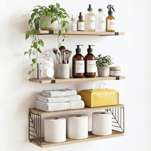 Fixwal Bathroom Floating Shelves Over Toilet, 15.8in Farmhouse Rustic Wood Shelves, Wall Decor for Bathroom, Living Room,Bedroom and Kitchen (3 Plus 1 Tier Rustic Brown)