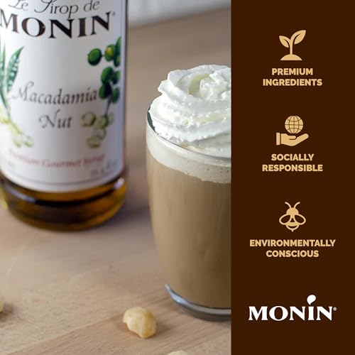 Image of Monin Macadamia Nut Syrup for Drinks - Gluten Free - 750 ml / 25.4 fl oz | Macadamia Nut Syrup Flavoring for Coffee, Milkshakes, Cocktails, Mochas, Lattes & More, Naturally Flavored, Kosher, Non-GMO
