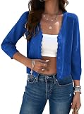 Kate Kasin Women Summer Cropped Cardigan Sweater Lightweight, 3/4 Sleeve Shrugs, Crochet Spring Royal Blue Tops Trendy S