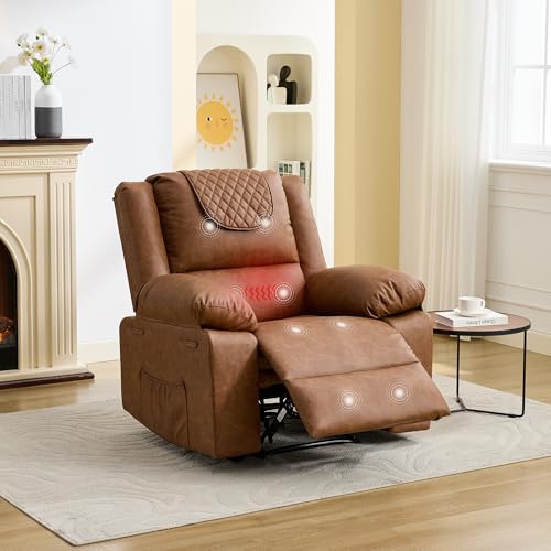 Image of Manual Recliner Chair for Adults with Heating & Massage, 135 Adjustable Reclining Lounge Chair with Side Pockets & Remote Control, Ideal for Living Room Bedroom,Brown