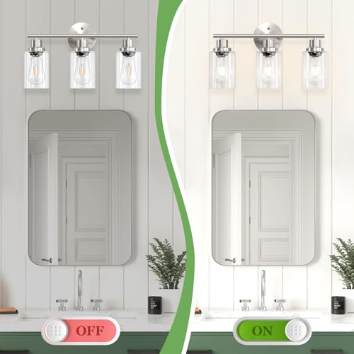 Image of 3-Light Brushed Nickel Vanity Lights, E26 Modern Bathroom Light Fixtures with Clear Glass Shade, Wall Lamps for Mirror Kitchen Hallway Cabinet Living Room Sconces Lights