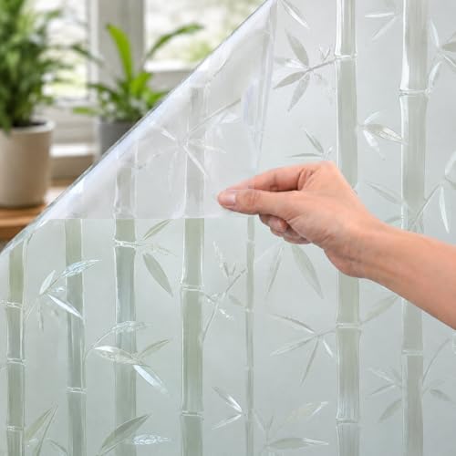 Image of CVANU Bamboo Frosted Privacy Window Film, Self Adhesive Waterproof Vinyl Sticker for Glass Doors, Windows, Bathroom & Office Use (24 x 84 Inch)