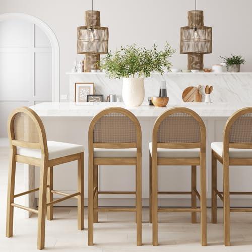 Image of Nathan James Bailey 29 in. Boucle Bar Stool with Back, Bar Height Chair with Natural Woven Rattan Back and Solid Wood Legs, Light Brown, Set of 4