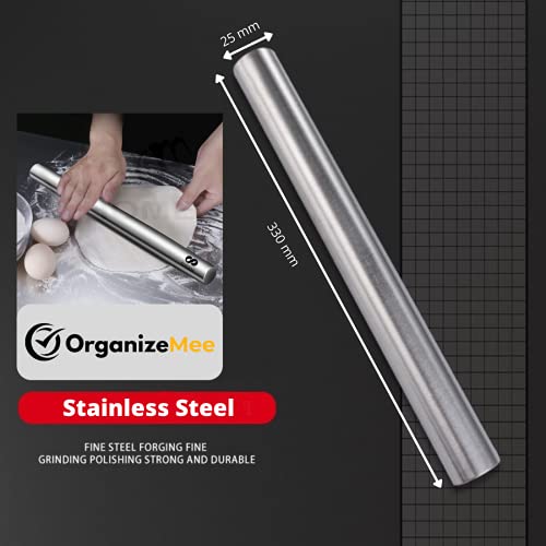 Image of OrganizeMee Stainless Steel Rolling Pin Chapati Belan Best Kitchen Accessories Roti Roller Size (Dia 25 Mm X 31.8 Cm)