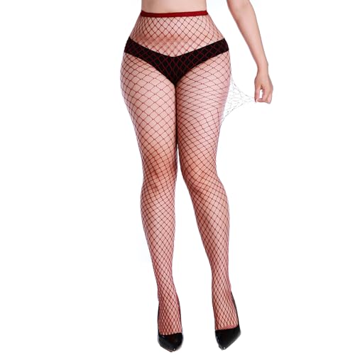 Image of Women High Waisted Fishnet Tights Footed Stockings Plus Size Stretchy Pantyhose