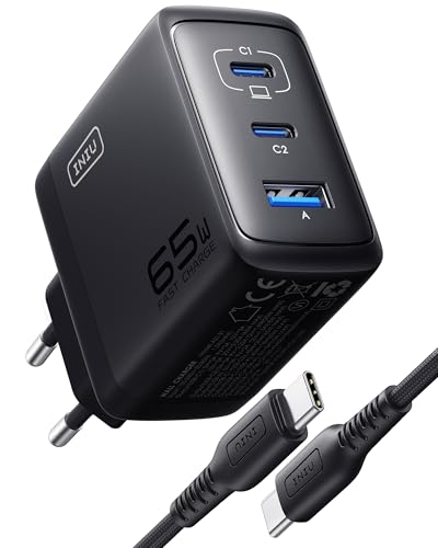 INIU 65W USB C-Laddare, 3 Portar Multipel Strömförsörjning med USB-C-Kabel, PD 3.0 Snabbladdningskontakt, Typ C-adapter kompatibel med iPhone 16 15 Pro Max, iPad Air, Samsung Galaxy S24 S23 Ultra etc.