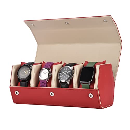 essart Sarvika collection Smart Watch Case for 4 watches for Men & Women PU Leather Watch Roll Organizer Watch box storage Case Watch Holder Pouch for Travel (WR-1024-CP-Red-Off-White) (B0BRQFGJH8) Amazon Price History, Amazon Price Tracker
