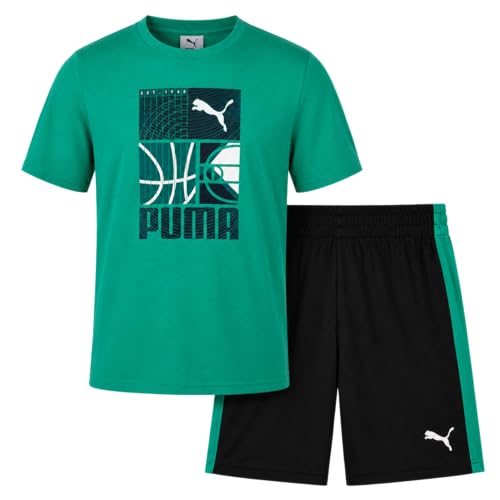 Image of PUMA Boys Short Set - 2 Piece Short Sleeve Crewneck Performance Graphic Tees and Athletic Mesh Shorts for Boys (Sizes: 4-16)