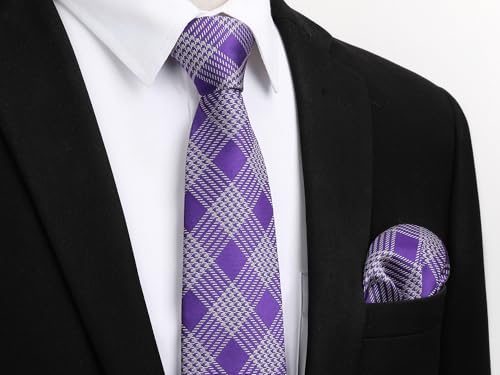 Image of HISDERN Ties for Men Plaid Checkered Tie with Pocket Square Woven Business Formal Necktie Handkerchief Set Wedding Party