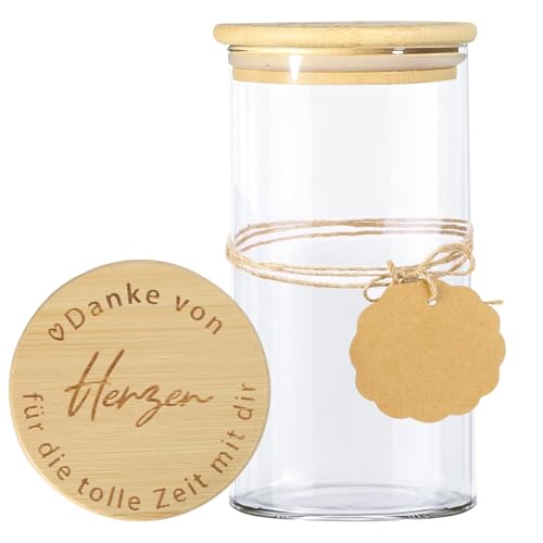 Vorratsglas Dankesch&ouml;n Geschenk, Vorratsglas mit Holzdeckel, Bonbonglas mit Gravur, Abschiedsgeschenk Kollegen f&uuml;r Kollegen, Hebamme, Erzieherin, Erzieher, Lehrer, Geschenk Kita Kindergarten (Danke)