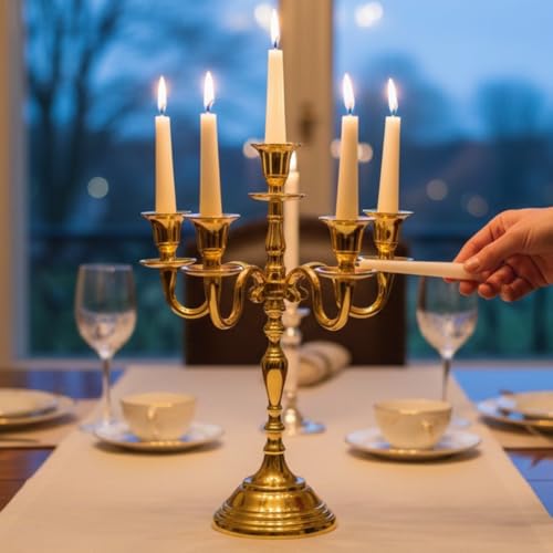 Image of Decorative Aluminum Vintage 5-Arm Brass Gold Candelabra Candle Holder - Elegant Metal Table Centerpiece for Home, Wedding, Party, Dining Room & Living Room Decor