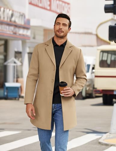 COOFANDY Wool Overcoat For Men Classic Overcoat Winter Trench Coat Notched Lapel Wool Blend Coat Outdoor Camel Coat Khaki S3