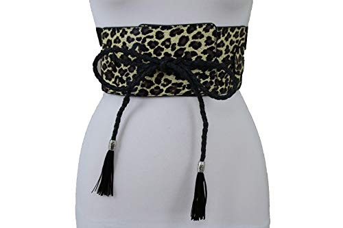 TFJ Women Fashion Wide Elastic Corset Belt Black Leopard High Waist Animal Print Tie S M4