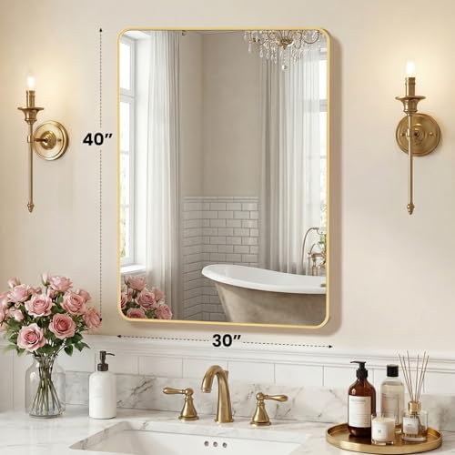 Image of NEWBULIG 30X40 Inch Bathroom Mirror, Rectangle Wall Mirror with Rounded Corners, Gold Vanity Mirrors for Bathroom Sink with Metal Frame for Bedroom, Entryway, Hangs Horizontally or Vertically
