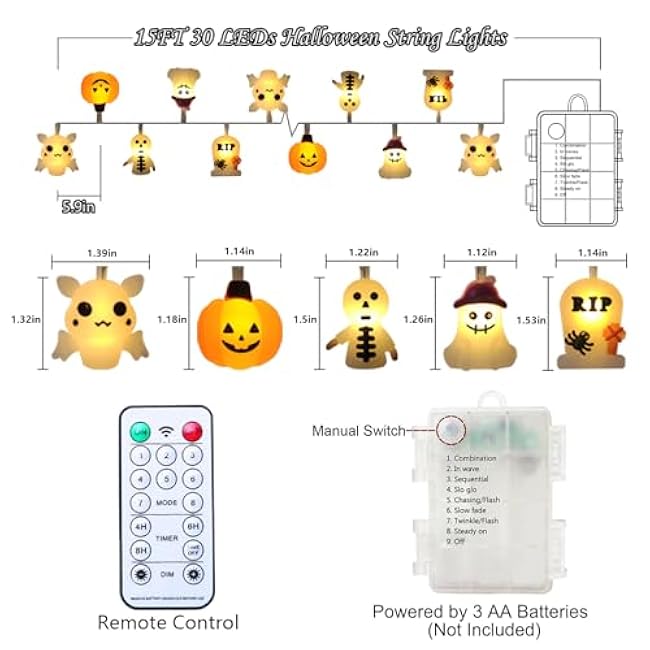 Outdoor Battery Operated Halloween String Lights, 15FT with 30 LED Bat, Tombstone, Pumpkin, Ghost - Timer & Cute Spooky Design for Home Party Porch Decor