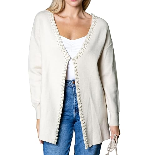 Image of LifeShe Women's Pearls Cardigan Sweaters Long Sleeve V Neck Knit Sweater Loose Open Front Fall Winter Outwear Coats