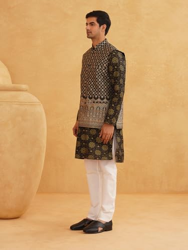 Image of SOJANYA (Since 1958 Men's Silk Blend Kurta & Off White Pyjama with Nehru Jacket