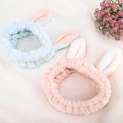 Luxspire 2 PACK Wash Headband, Bunny SPA Skin Care Hairlace, Soft Facial Headband Head Wrap,Rabbit Ear Makeup Washing Face Shower Bath Bands Hair Accessories,Easter Cosplay Costume, Pink & Blue