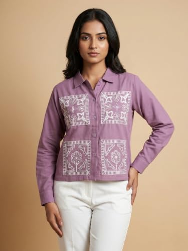 Image of Stylish Women's Embroidered Shirts | Geometric Pattern Half Sleeve Collared Button-Up Casual Shirt for Women