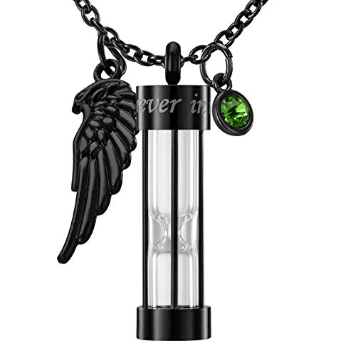PREKIAR Cremation Urn Necklace for Ashes Timeless Hourglass Memorial Pendant Keepsake Jewelry for Human Pet Ashes with 12 Birthstone Angel Wing